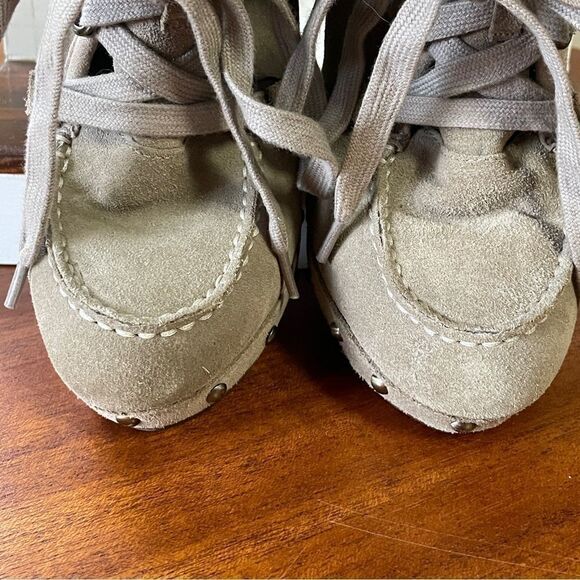 GUESS Wood Heel Platform Stiletto Boots Tan Suede Leather Cream Faux Fur sz 6.5 - Picture 8 of 13